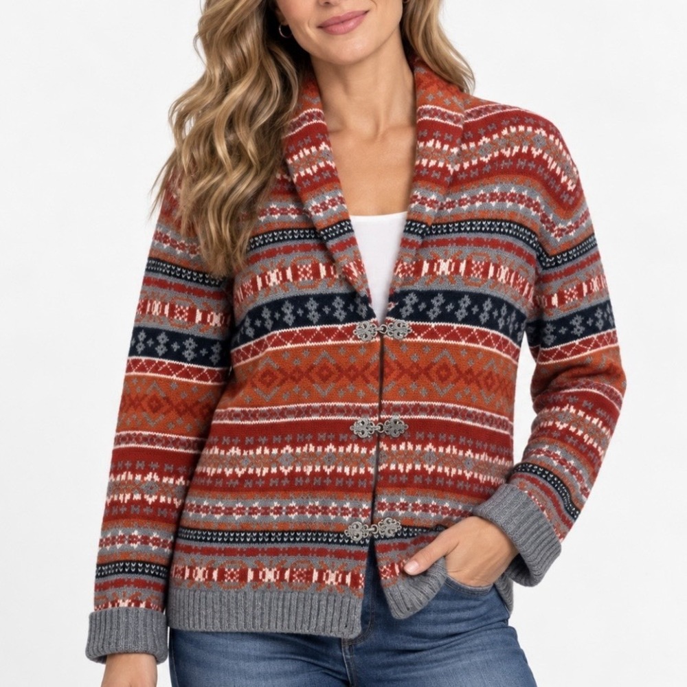 Susan Bristol Red Wool Nordic Fair Isle Cardigan Sweater Metal Clasp Earthy XL